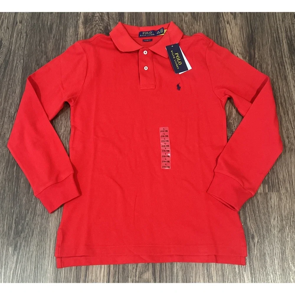 Polo Ralph Lauren Kids Long Sleeve Classic Red Mesh Polo Shirt Size L (14-16)